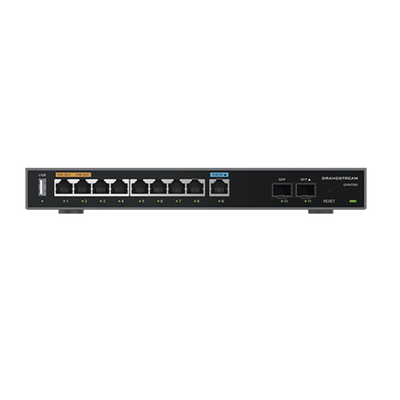 Router Gigabit VPN / Balanceador de cargas / 60,000 sesiones NAT /  9 puertos 10/100/1000 Mbps   2 puertos SFP (WAN/LAN) / 1 puerto entrada PoE(af/at) / 2 puertos salida PoE (af/at) / Compatible con GWN Cloud.: GWN7003