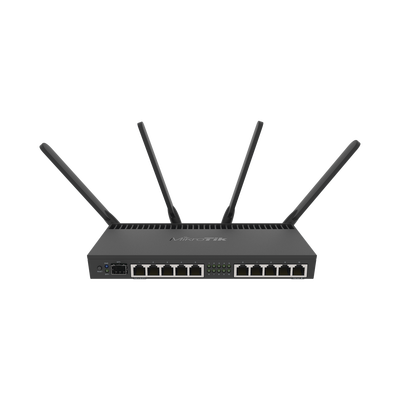 Router con Wi-Fi 4x4 MU-MIMO, hasta 2 watts de potencia, antenas de 3 dBi, 10 puertos Gigabit, 1 Puerto SFP : RB4011IGS+5HACQ2HND-IN