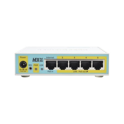 RB750UPR2 (hEX PoE LITE) RouterBoard, 5 Puertos Fast Ethernet, 4 con PoE Pasivo, 1 Puerto USB