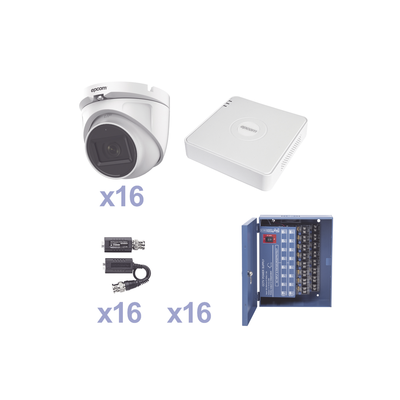KIT TurboHD 1080p Lite / DVR 16 Canales / 16 Cámaras Eyeball  Exterior ( 2.8mm) / Transceptores / Conectores / Fuente de Poder Profesional: KESTXLT16EW