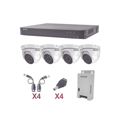 KIT TurboHD 1080p / DVR 4 Canales / 4 Cámaras Eyeball (exterior 2.8 mm) / Transceptores / Conectores / Fuente de Poder Profesional: KEVTX8T4EW